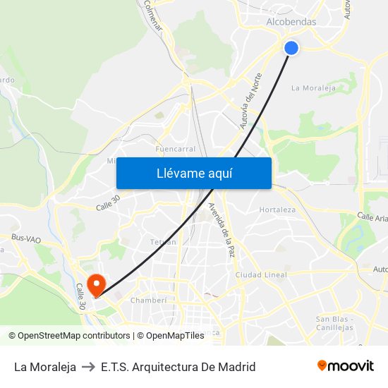 La Moraleja to E.T.S. Arquitectura De Madrid map