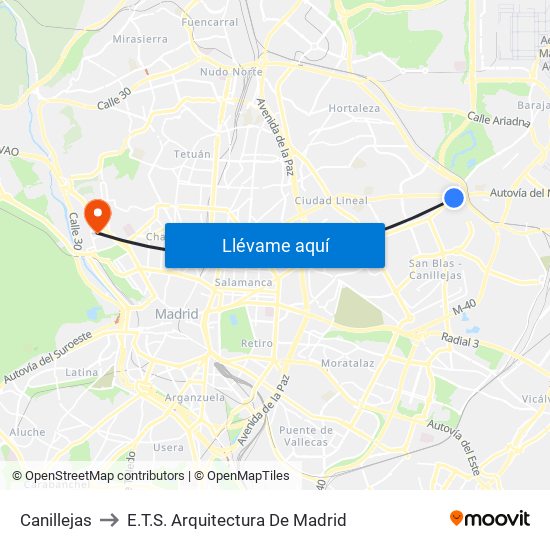 Canillejas to E.T.S. Arquitectura De Madrid map