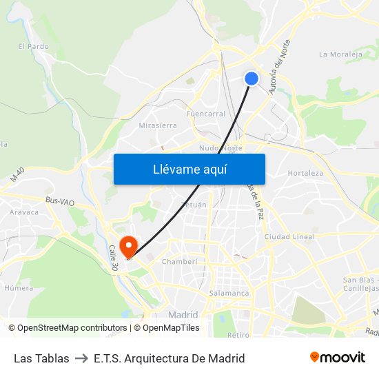 Las Tablas to E.T.S. Arquitectura De Madrid map