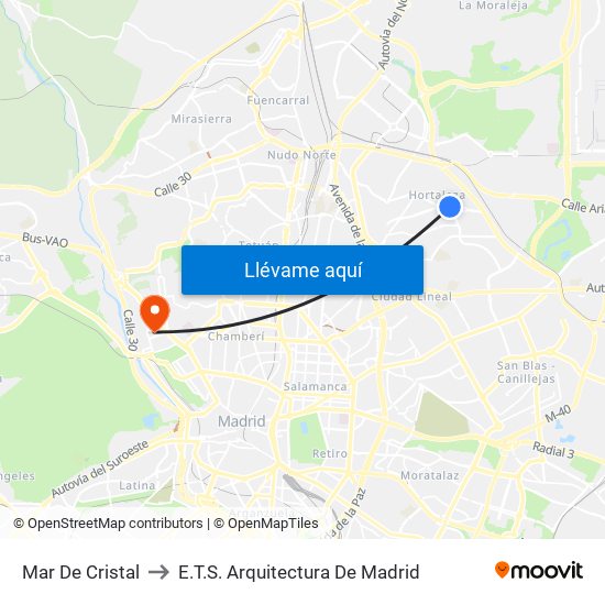 Mar De Cristal to E.T.S. Arquitectura De Madrid map