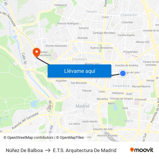 Núñez De Balboa to E.T.S. Arquitectura De Madrid map