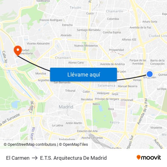 El Carmen to E.T.S. Arquitectura De Madrid map