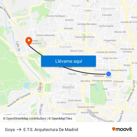 Goya to E.T.S. Arquitectura De Madrid map