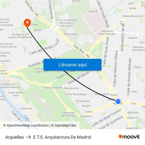 Argüelles to E.T.S. Arquitectura De Madrid map