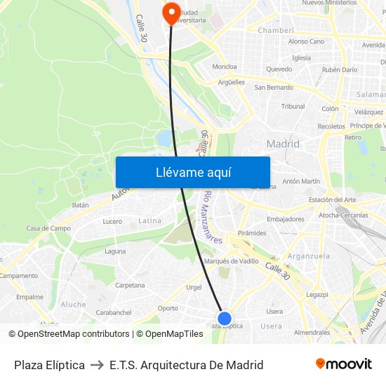 Plaza Elíptica to E.T.S. Arquitectura De Madrid map