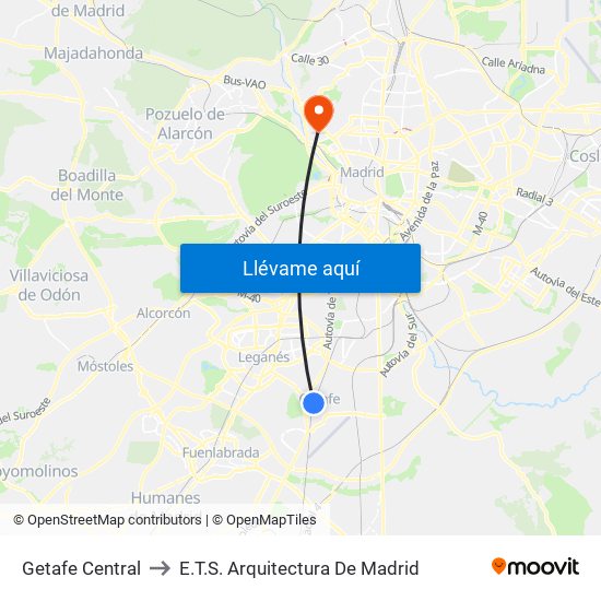 Getafe Central to E.T.S. Arquitectura De Madrid map