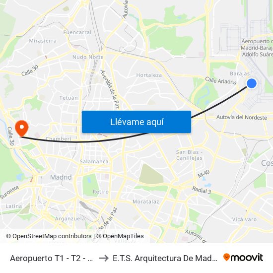 Aeropuerto T1 - T2 - T3 to E.T.S. Arquitectura De Madrid map