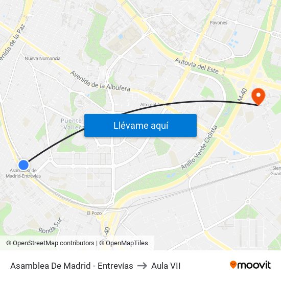 Asamblea De Madrid - Entrevías to Aula VII map