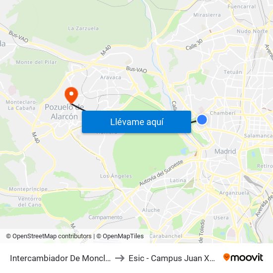 Intercambiador De Moncloa to Esic - Campus Juan XXIII map