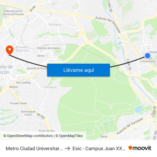 Metro Ciudad Universitaria to Esic - Campus Juan XXIII map