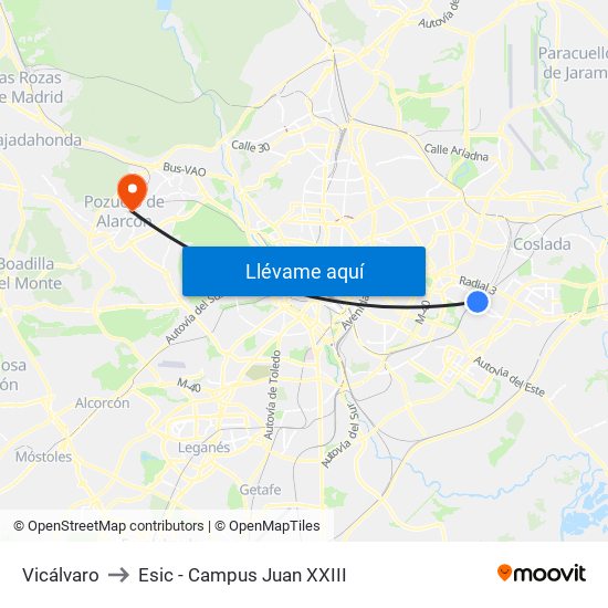 Vicálvaro to Esic - Campus Juan XXIII map