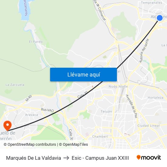 Marqués De La Valdavia to Esic - Campus Juan XXIII map