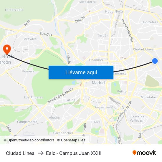 Ciudad Lineal to Esic - Campus Juan XXIII map