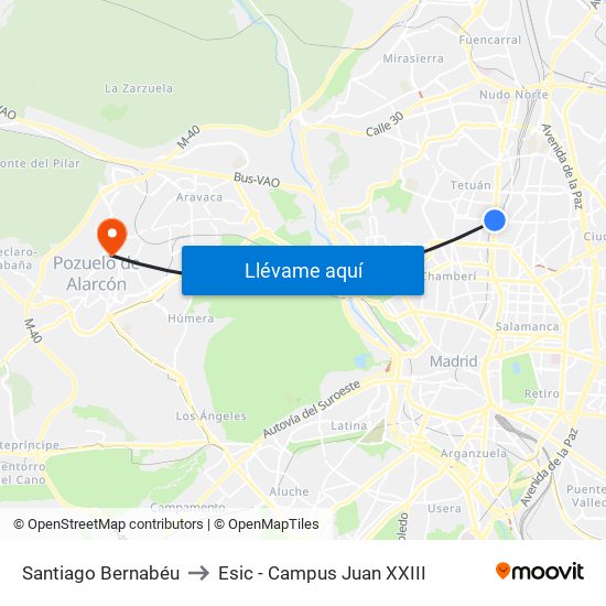 Santiago Bernabéu to Esic - Campus Juan XXIII map