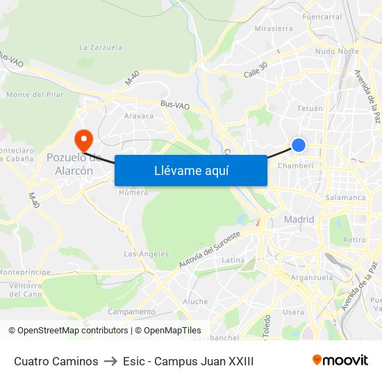 Cuatro Caminos to Esic - Campus Juan XXIII map
