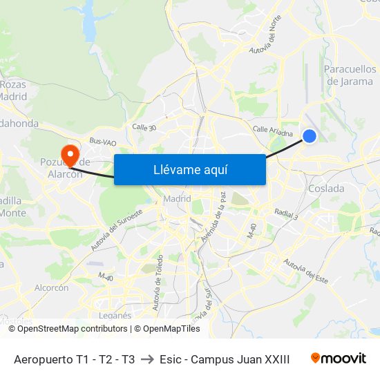 Aeropuerto T1 - T2 - T3 to Esic - Campus Juan XXIII map