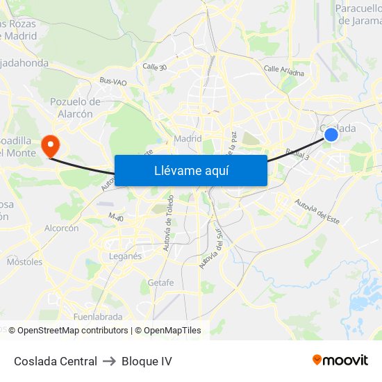 Coslada Central to Bloque IV map