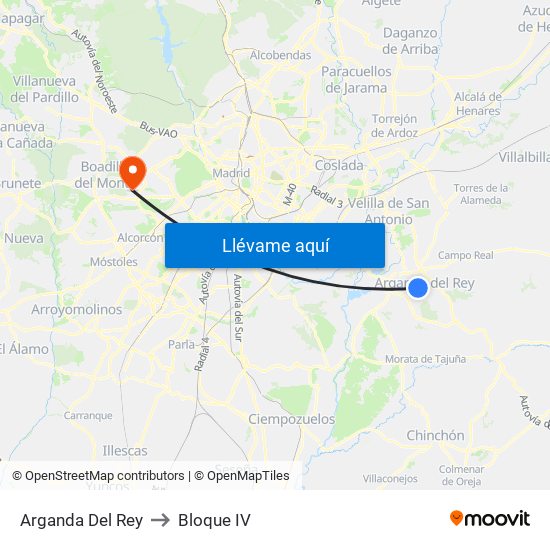 Arganda Del Rey to Bloque IV map