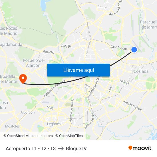 Aeropuerto T1 - T2 - T3 to Bloque IV map