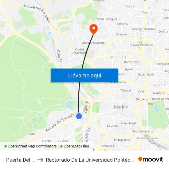 Puerta Del Ángel to Rectorado De La Universidad Politécnica De Madrid map