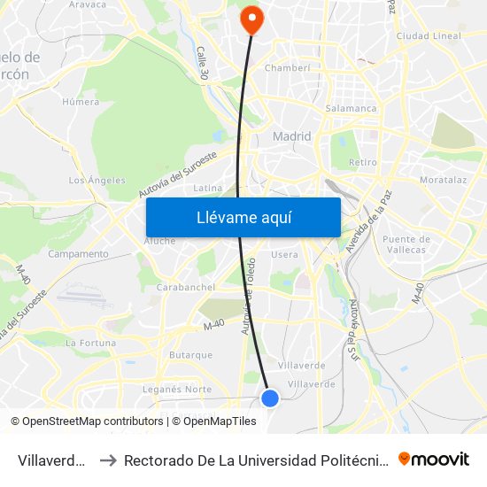 Villaverde Alto to Rectorado De La Universidad Politécnica De Madrid map