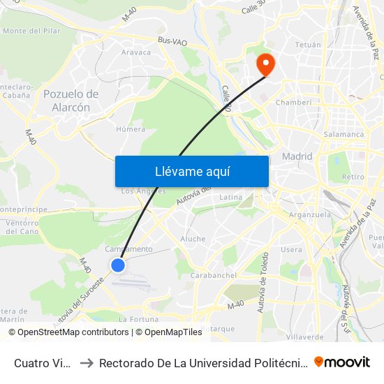 Cuatro Vientos to Rectorado De La Universidad Politécnica De Madrid map