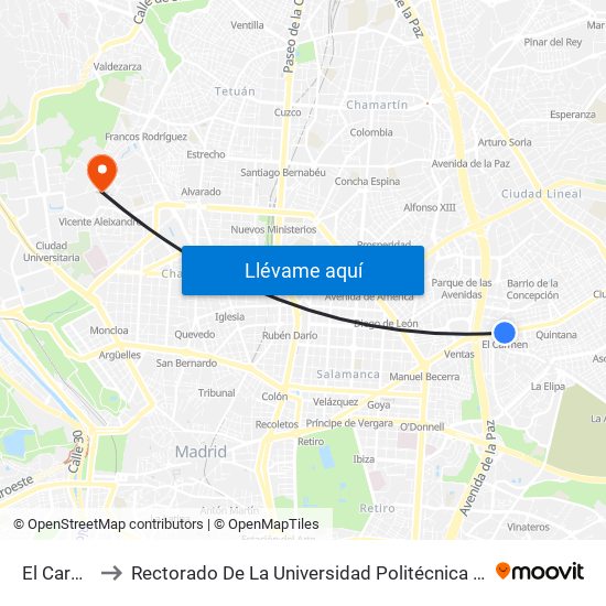 El Carmen to Rectorado De La Universidad Politécnica De Madrid map