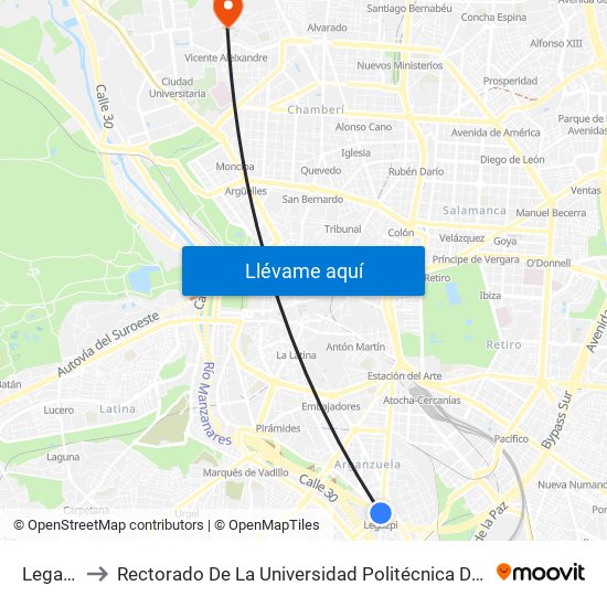 Legazpi to Rectorado De La Universidad Politécnica De Madrid map