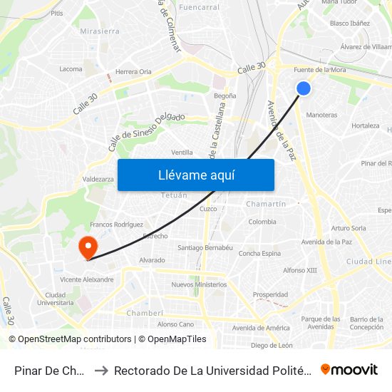 Pinar De Chamartín to Rectorado De La Universidad Politécnica De Madrid map