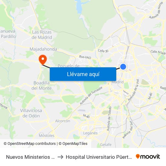 Nuevos Ministerios - Centro Comercial to Hospital Universitario Pûerta De Hierro Majadahonda map