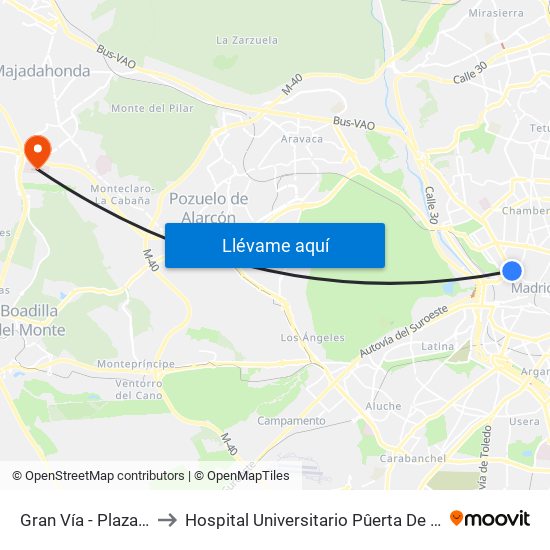 Gran Vía - Plaza De España to Hospital Universitario Pûerta De Hierro Majadahonda map
