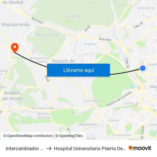 Intercambiador De Moncloa to Hospital Universitario Pûerta De Hierro Majadahonda map