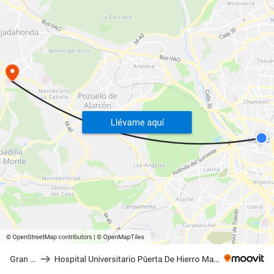 Gran Vía to Hospital Universitario Pûerta De Hierro Majadahonda map