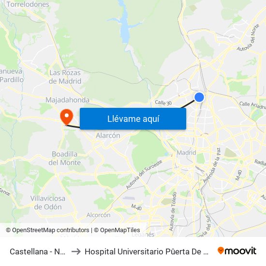 Castellana - Nudo Norte to Hospital Universitario Pûerta De Hierro Majadahonda map