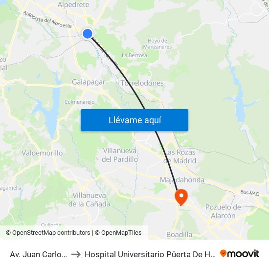 Av. Juan Carlos I - Zoco to Hospital Universitario Pûerta De Hierro Majadahonda map