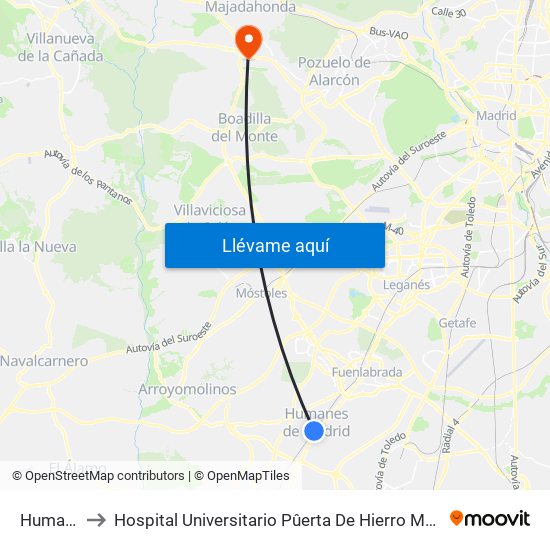 Humanes to Hospital Universitario Pûerta De Hierro Majadahonda map