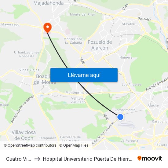 Cuatro Vientos to Hospital Universitario Pûerta De Hierro Majadahonda map