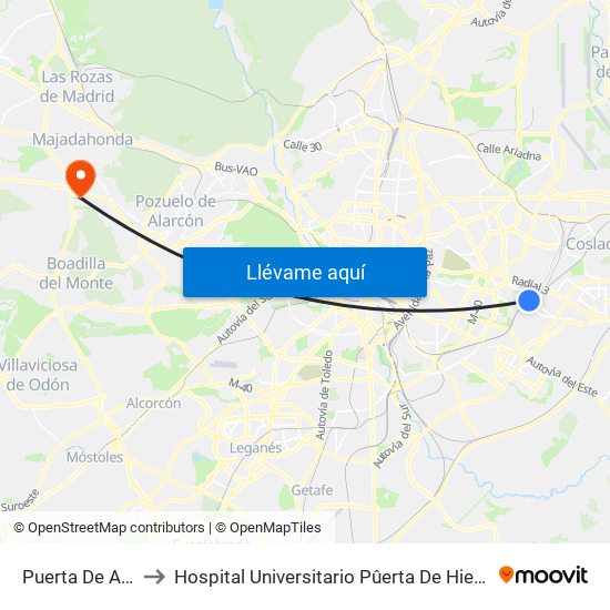 Puerta De Arganda to Hospital Universitario Pûerta De Hierro Majadahonda map