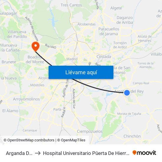 Arganda Del Rey to Hospital Universitario Pûerta De Hierro Majadahonda map