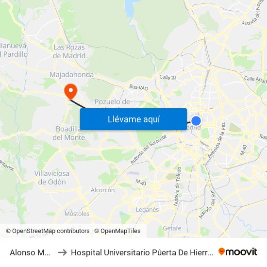Alonso Martínez to Hospital Universitario Pûerta De Hierro Majadahonda map