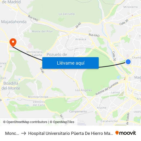 Moncloa to Hospital Universitario Pûerta De Hierro Majadahonda map