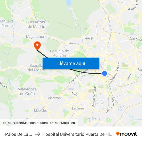 Palos De La Frontera to Hospital Universitario Pûerta De Hierro Majadahonda map