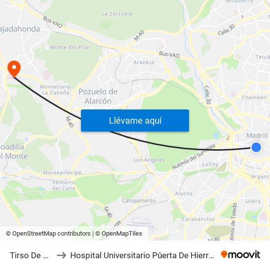 Tirso De Molina to Hospital Universitario Pûerta De Hierro Majadahonda map