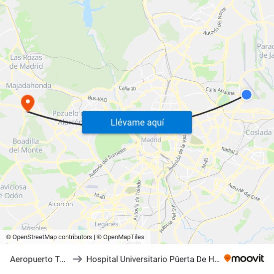 Aeropuerto T1 - T2 - T3 to Hospital Universitario Pûerta De Hierro Majadahonda map