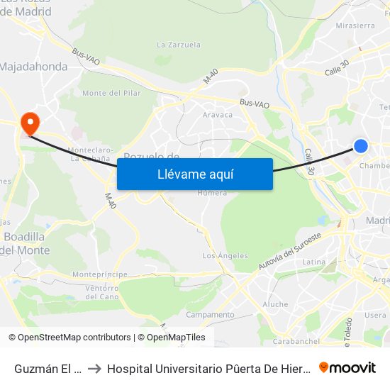 Guzmán El Bueno to Hospital Universitario Pûerta De Hierro Majadahonda map