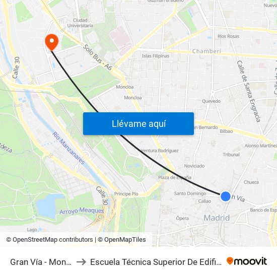 Gran Vía - Montera to Escuela Técnica Superior De Edificación map