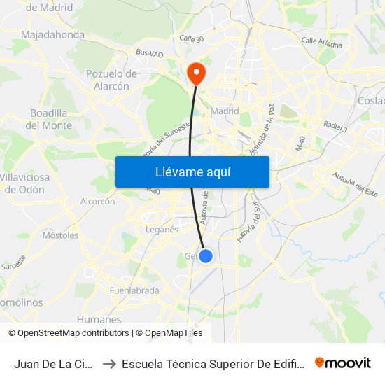 Juan De La Cierva to Escuela Técnica Superior De Edificación map
