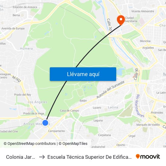 Colonia Jardín to Escuela Técnica Superior De Edificación map