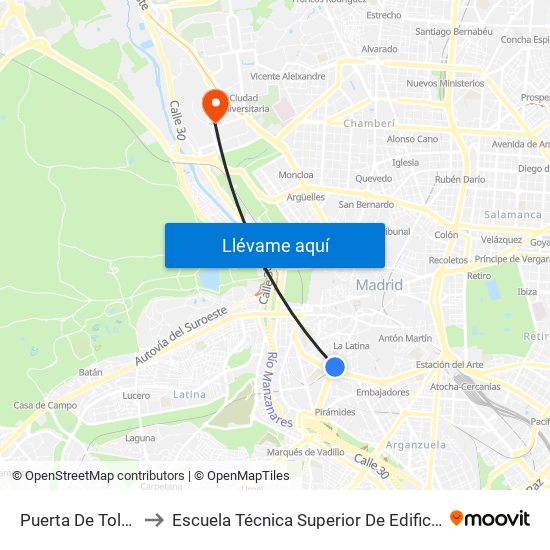 Puerta De Toledo to Escuela Técnica Superior De Edificación map
