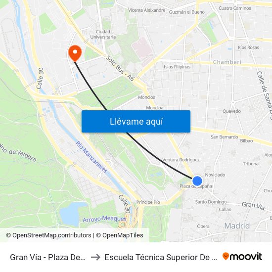 Gran Vía - Plaza De España to Escuela Técnica Superior De Edificación map